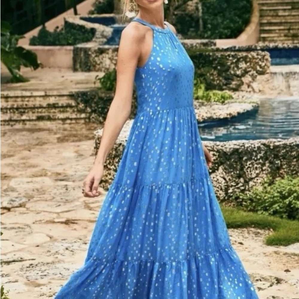 Lilly Pulitzer Blue Maxi Dress with Gold/silvery Dot Print
It has pockets!